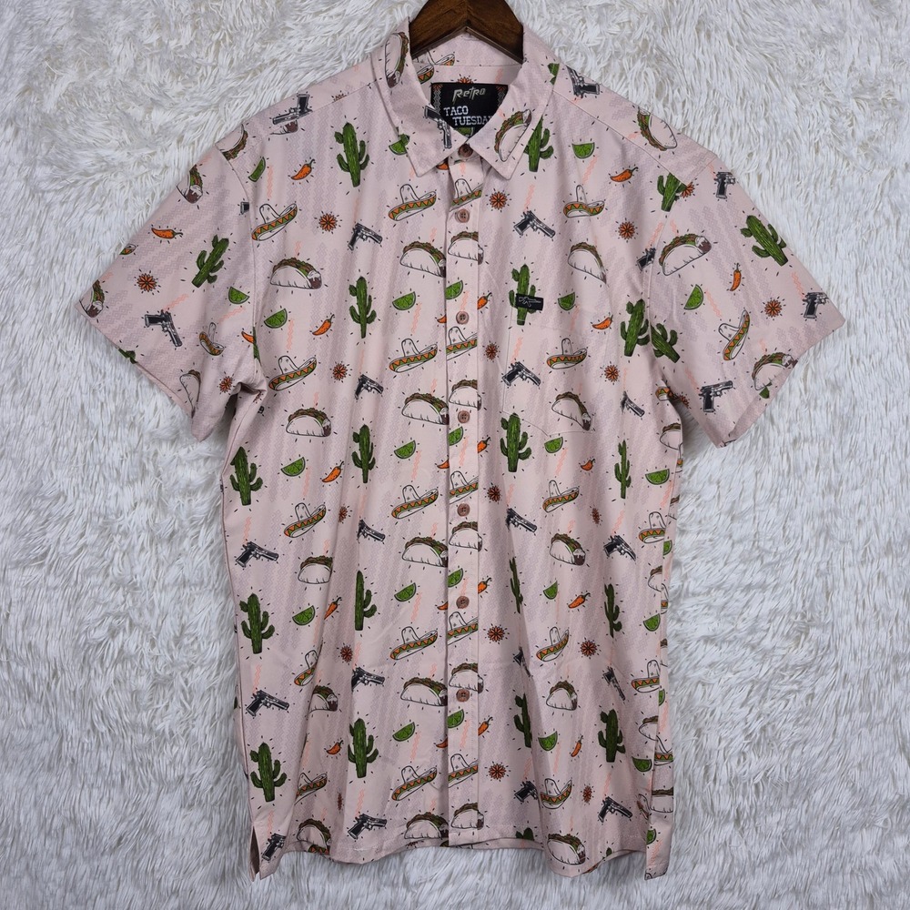 Retro Rifle Taco Tuesday Pink Short Sleeve Button Down Shirt Mens Large